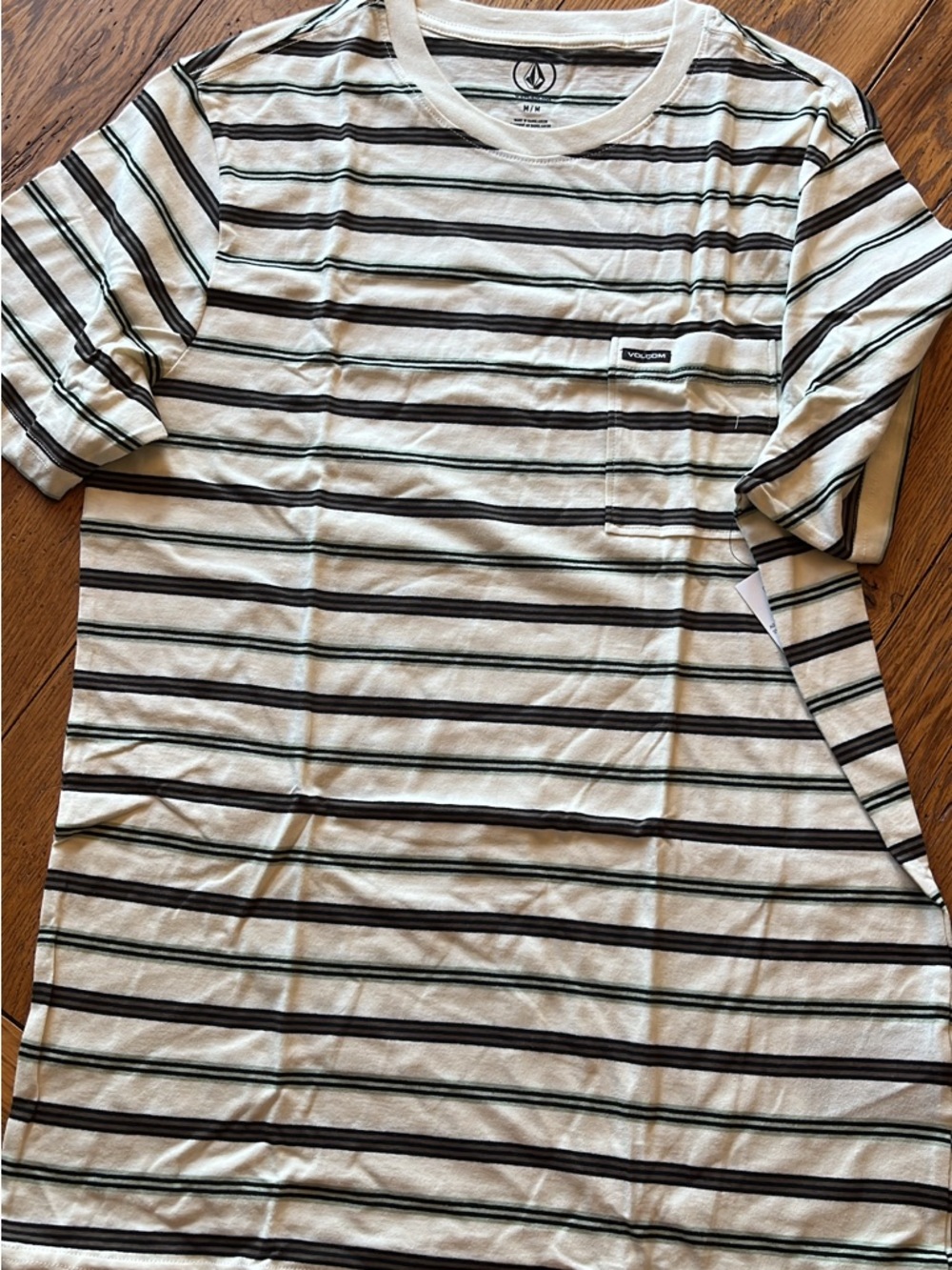 Volcom Men’s Cream and Black Horizontal Stripe Pocket Tee